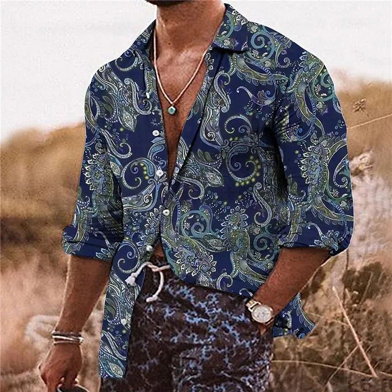 Men's loose-fit long sleeve shirt with a colourful bohemian style 3D floral pattern print.