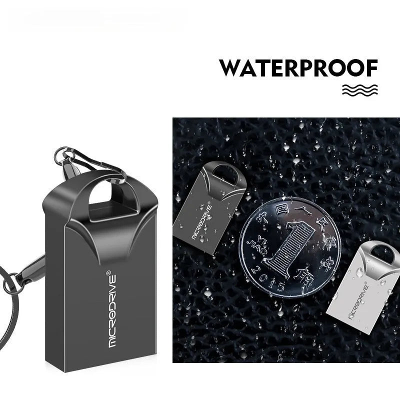 Mini metal USB flash drive in black and silver showing compact 23x12x8mm size