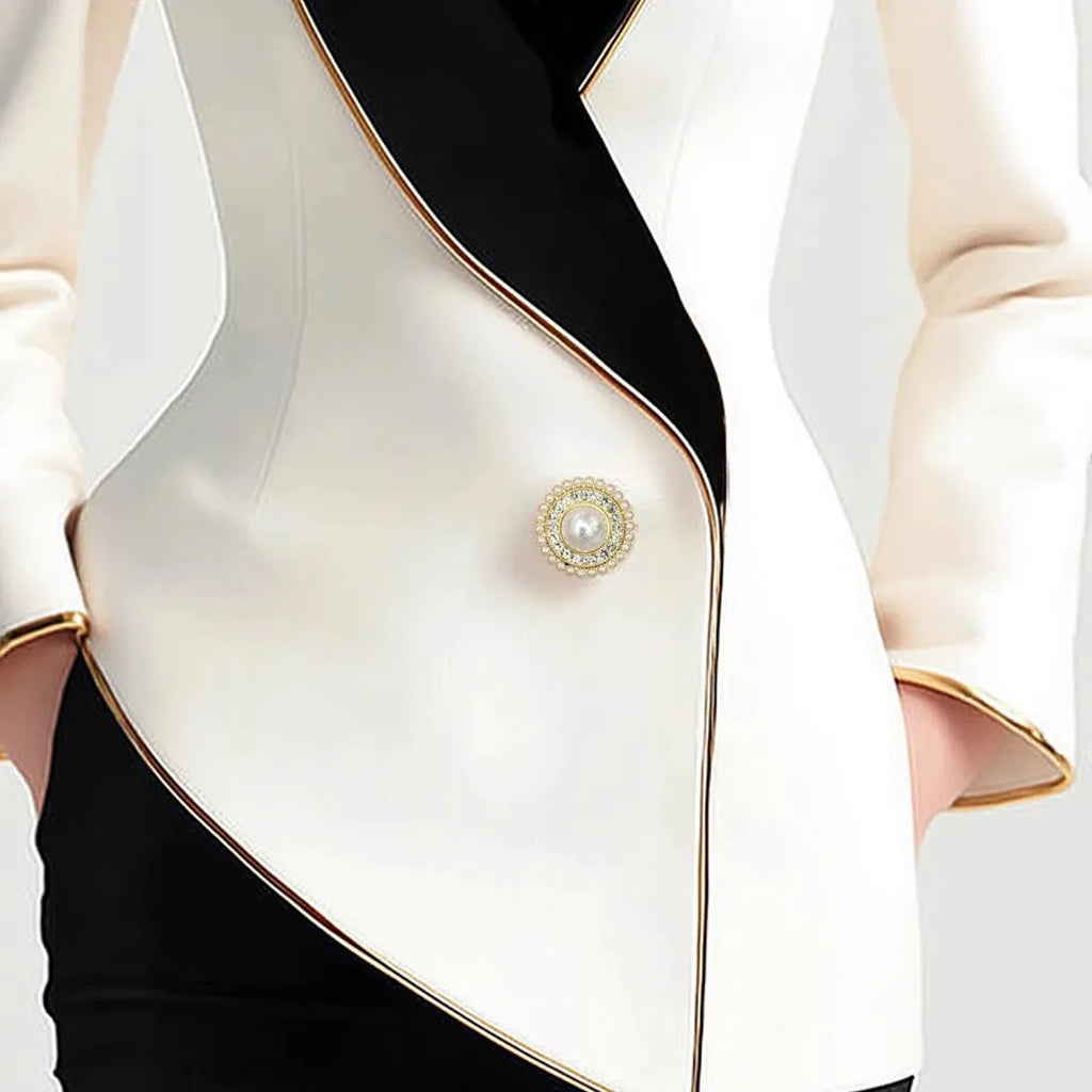 Women's milky white beige coat with pearl buttons and golden edge trim on TR fabric