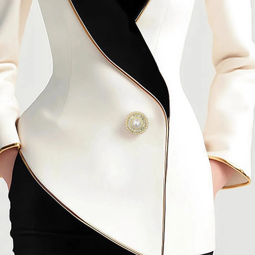 Women's milky white beige coat with pearl buttons and golden edge trim on TR fabric