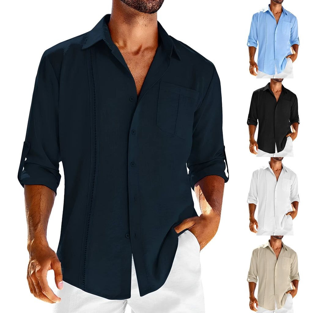 Men's gray casual long sleeve button-up shirt with a polo collar and chest pocket.