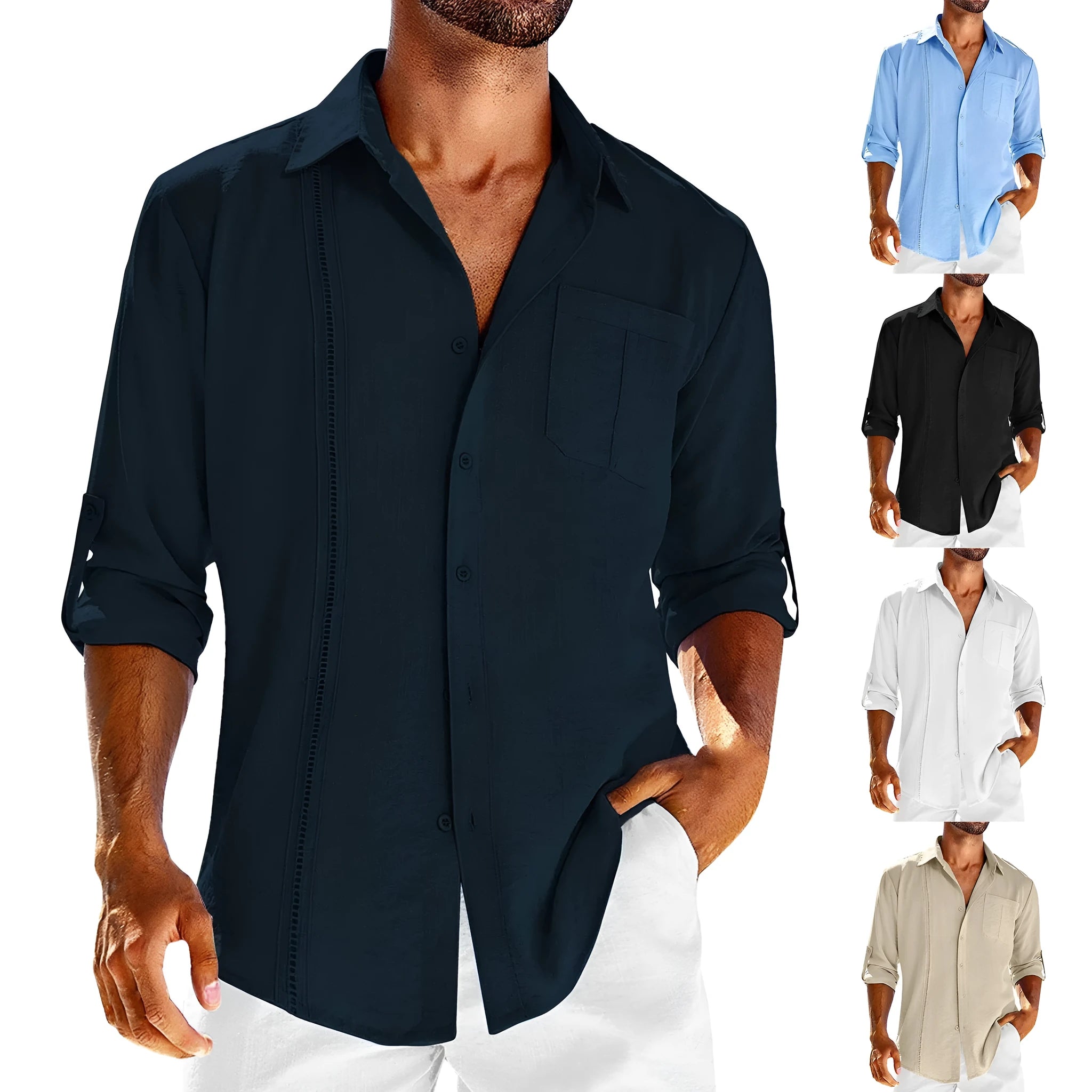 Men's gray casual long sleeve button-up shirt with a polo collar and chest pocket.