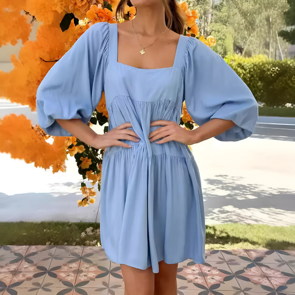 Girls orange red backless dress with square collar and puff sleeves in A-line silhouette