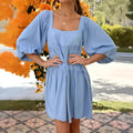 Girls orange red backless dress with square collar and puff sleeves in A-line silhouette