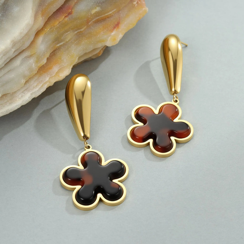 Tortoiseshell resin hawksbill colour 18K stainless steel geometric earrings in heart or flower designs