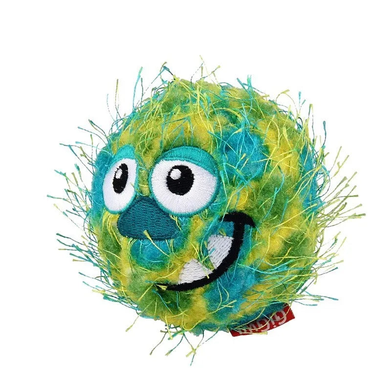 Rubber molar dog toy ball with plush sound, shown in orange yellow or yellow green