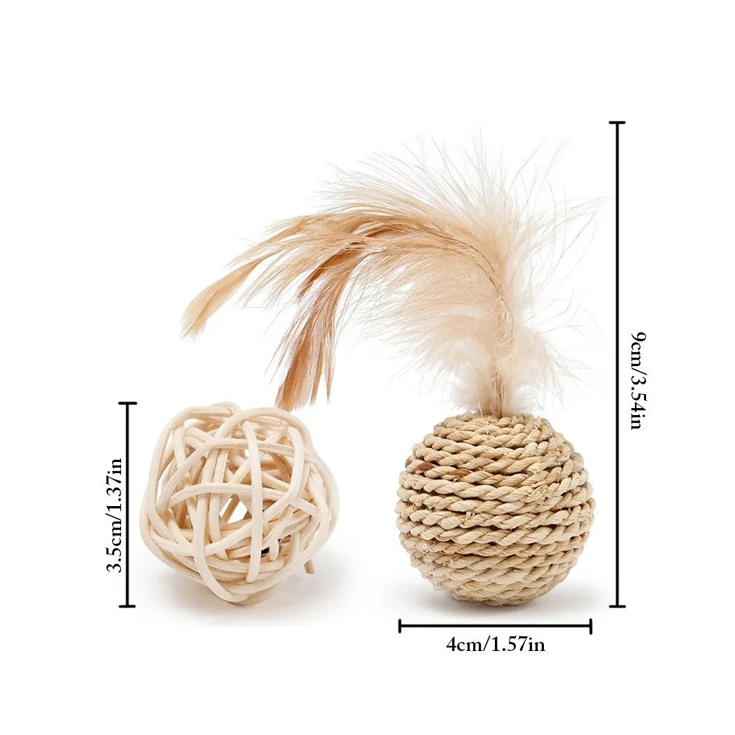Two cat toys: rattan ball and faux feather ball with bell in primary colours