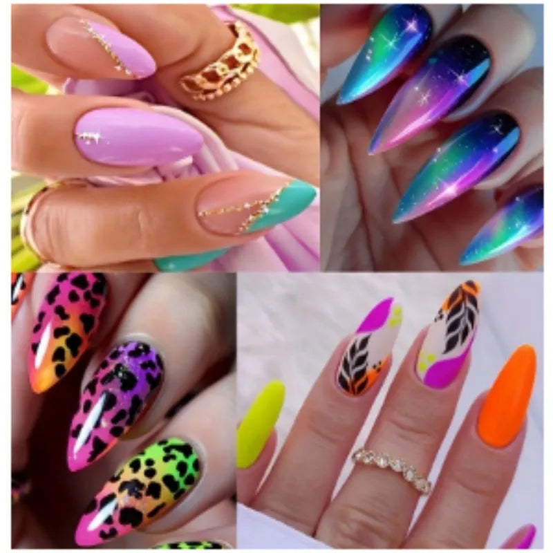 Wear Armour frosted nail stickers in medium almond shape showing tulip pattern in four colour designs.