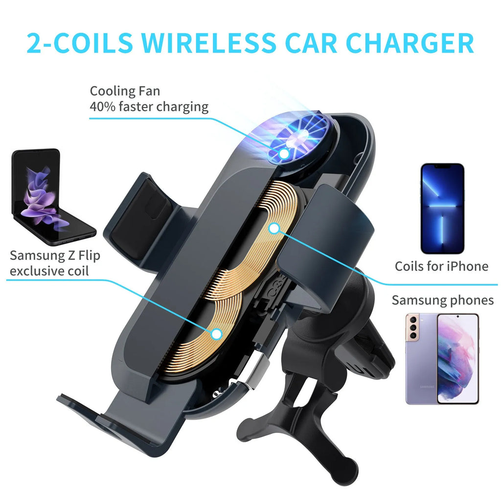 C35 colour car wireless charger phone holder mounted on air vent with Type-C cable
