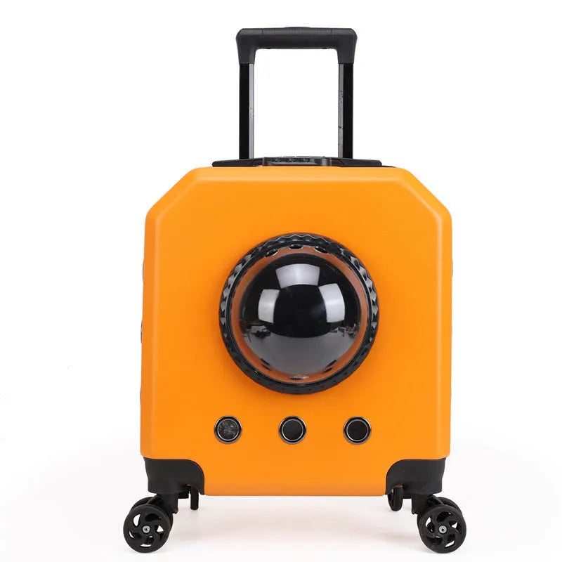 PVC hard shell pet flight case in orange colour with trolley wheels and luggage compartment