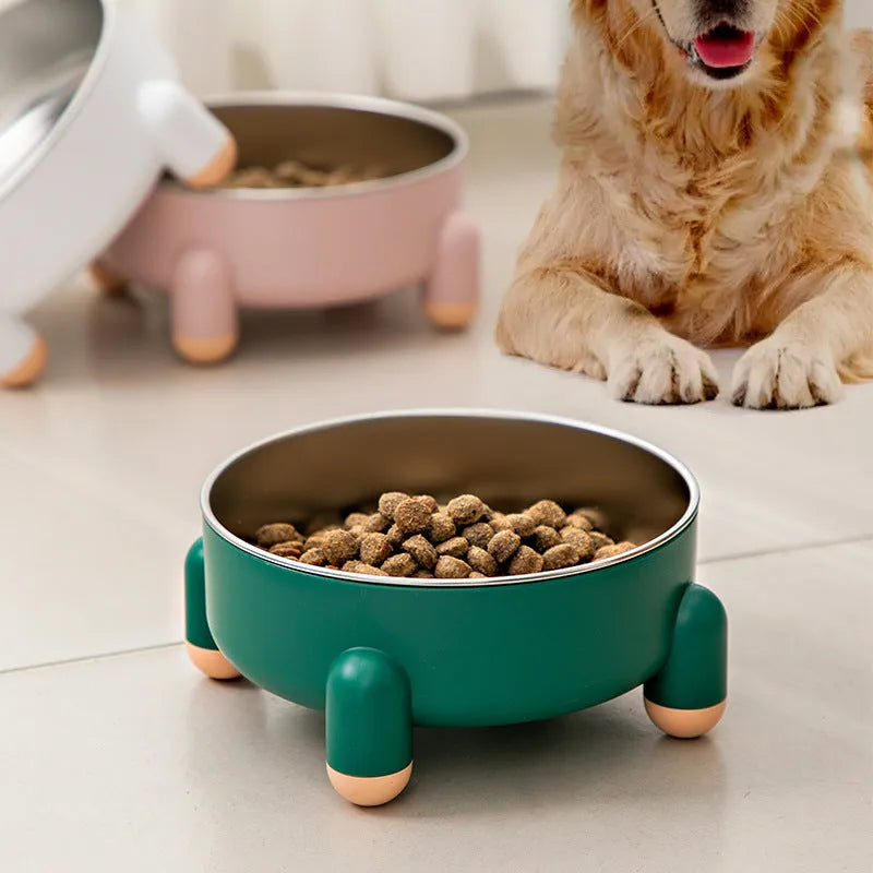 Stainless steel pet bowl with non-slip base in green, pink, and white colour options.