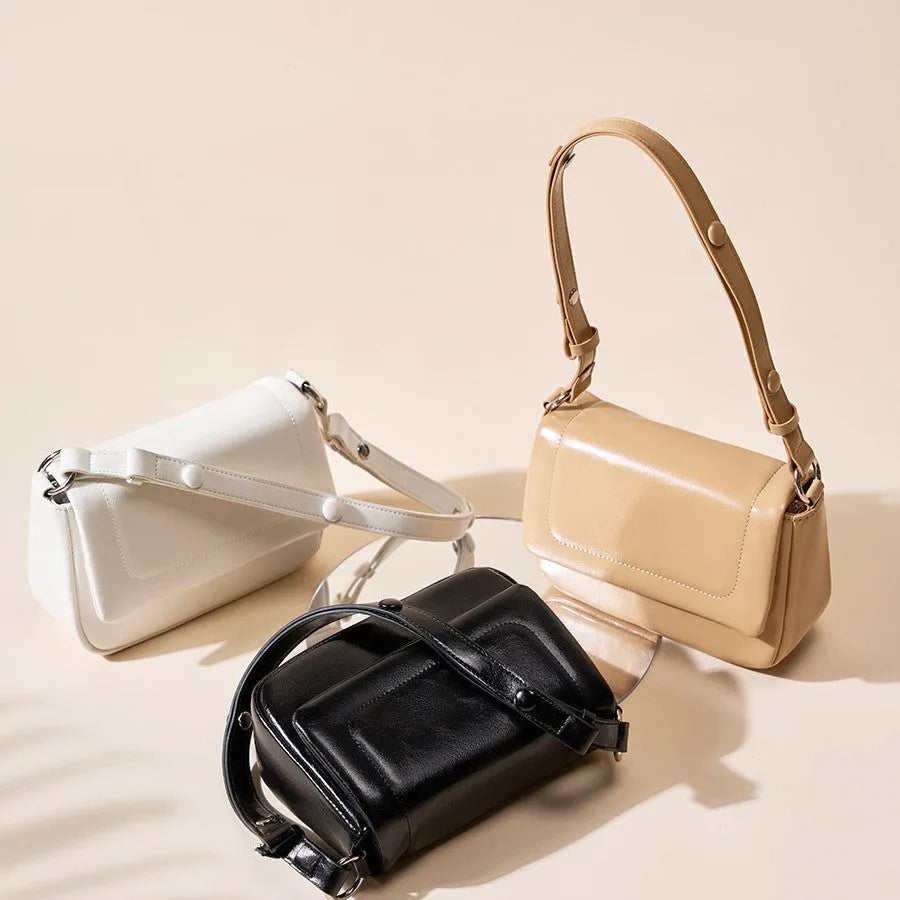 Genuine leather flap shoulder bag with soft two-layer cowhide in black, greyish white, or apricot.