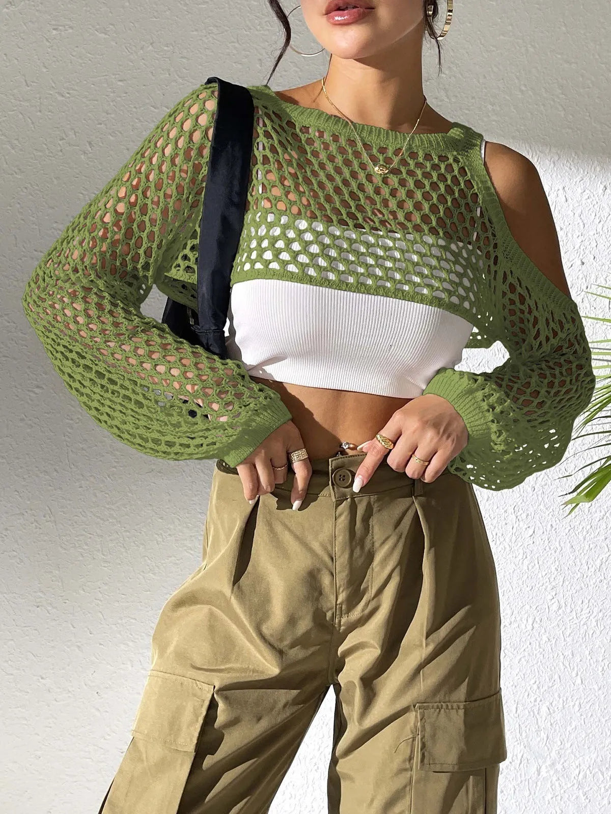Beach couple mesh shirt with hollowed navel detail in polypropylene fabric, shown in army green colour.