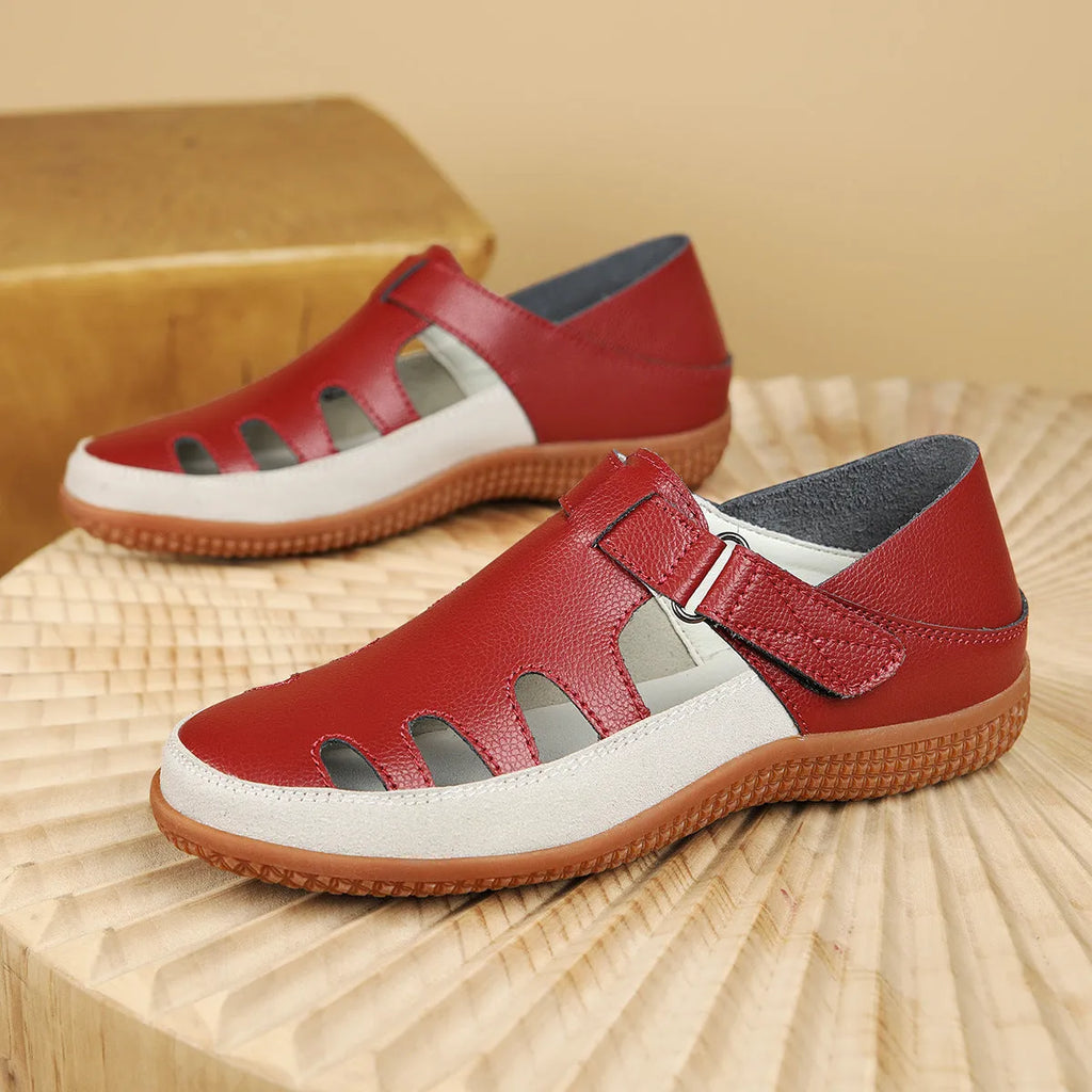 Plus size women's flat heel sandals with hollow breathable design and toe cap in white, red, and blue colours