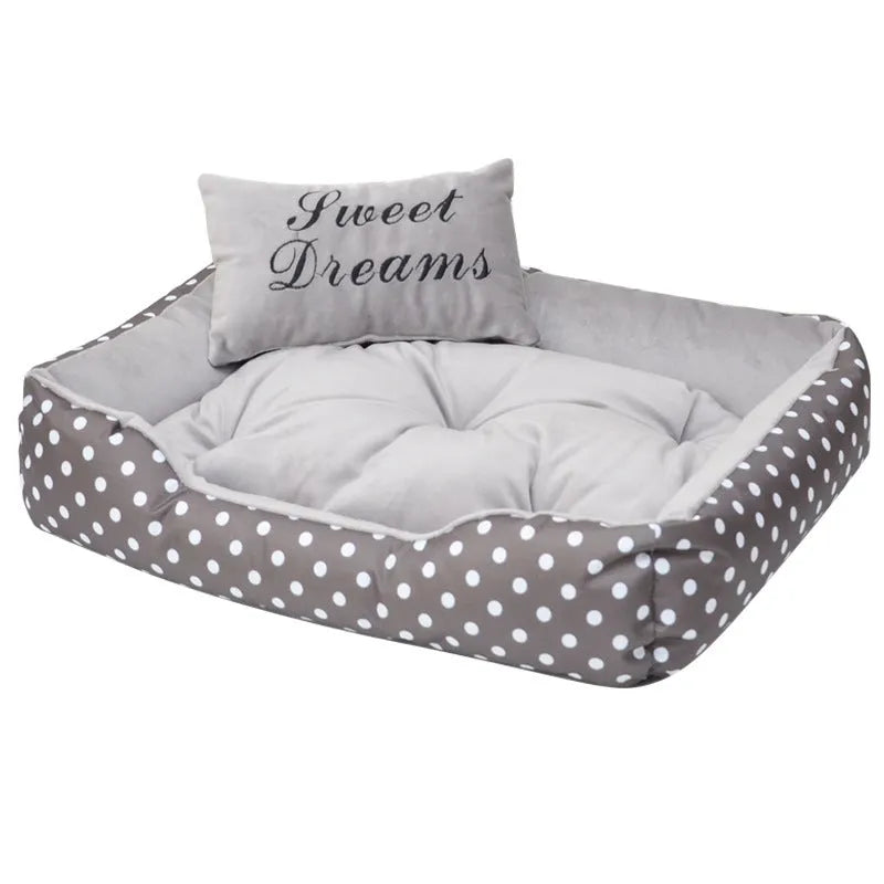 Polka dot printed dog bed with matching square pillow in grey colour
