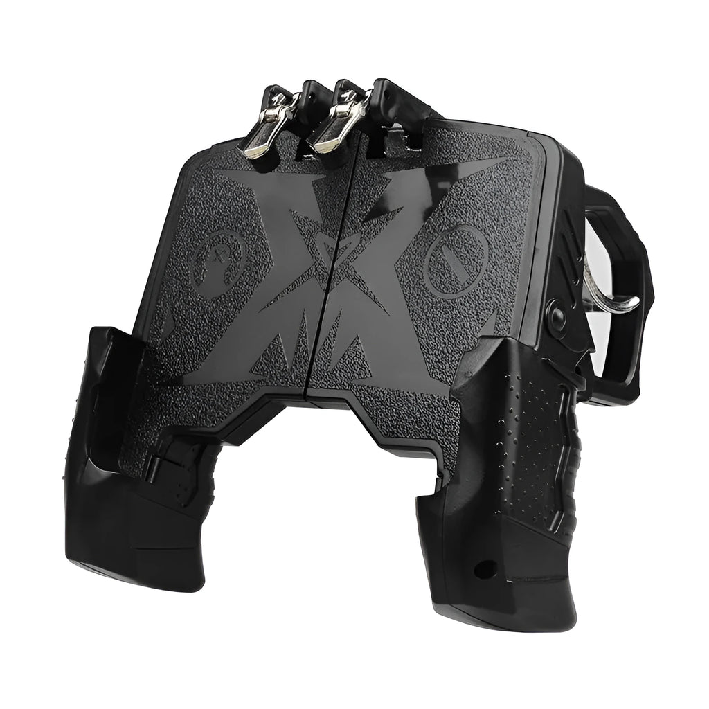 Black plug-in gamepad attached to an Android mobile phone for physical gaming controls.