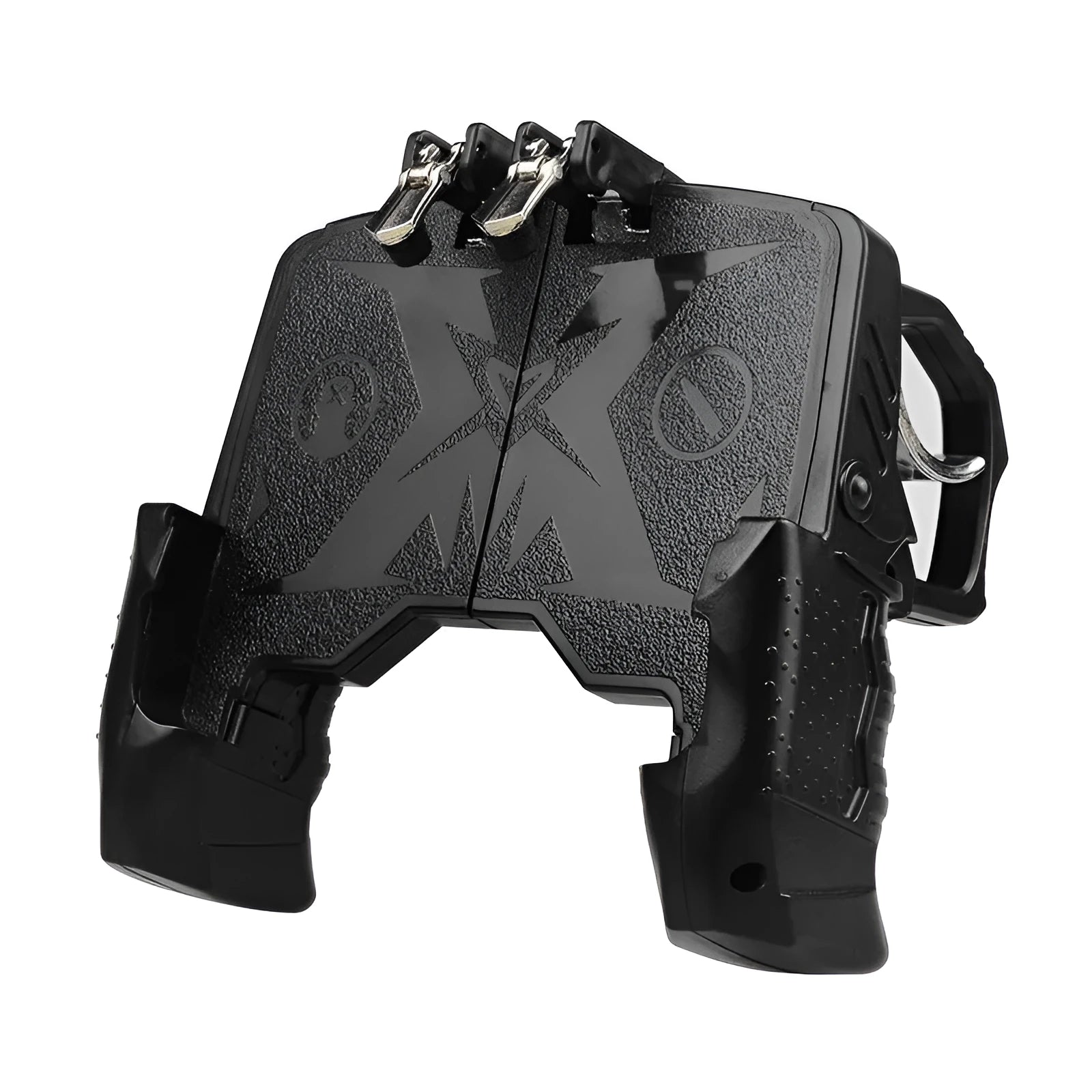 Black plug-in gamepad attached to an Android mobile phone for physical gaming controls.