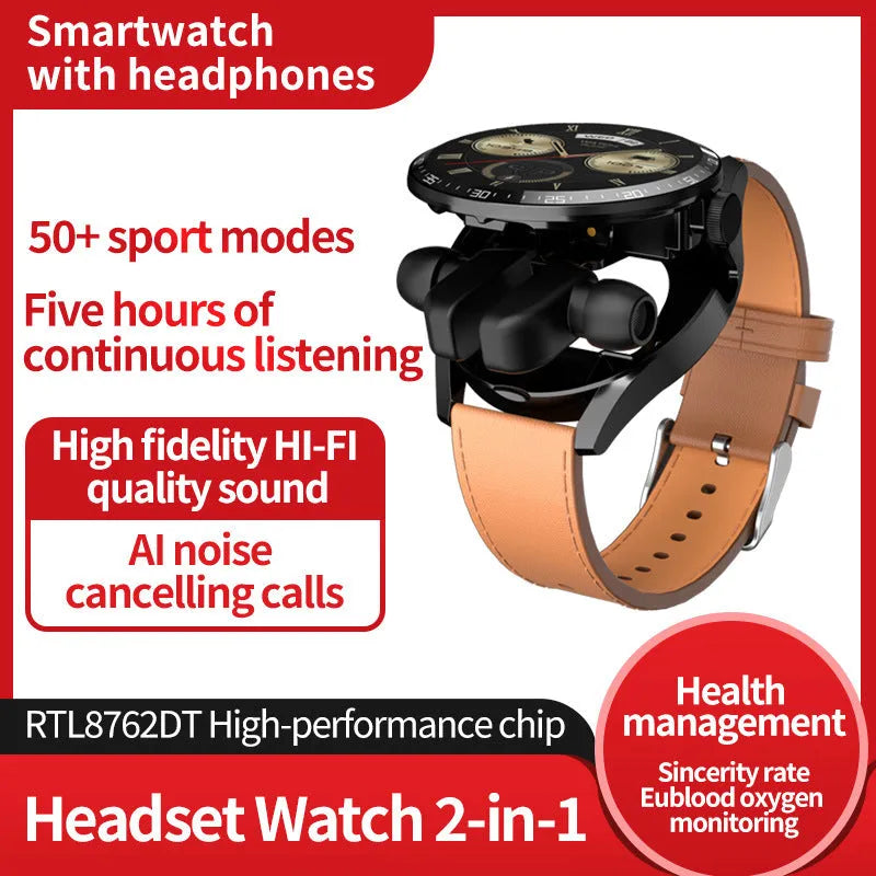 Black 2-in-1 Bluetooth headset smart watch with touch button, leather silicone or steel belt silicone strap options