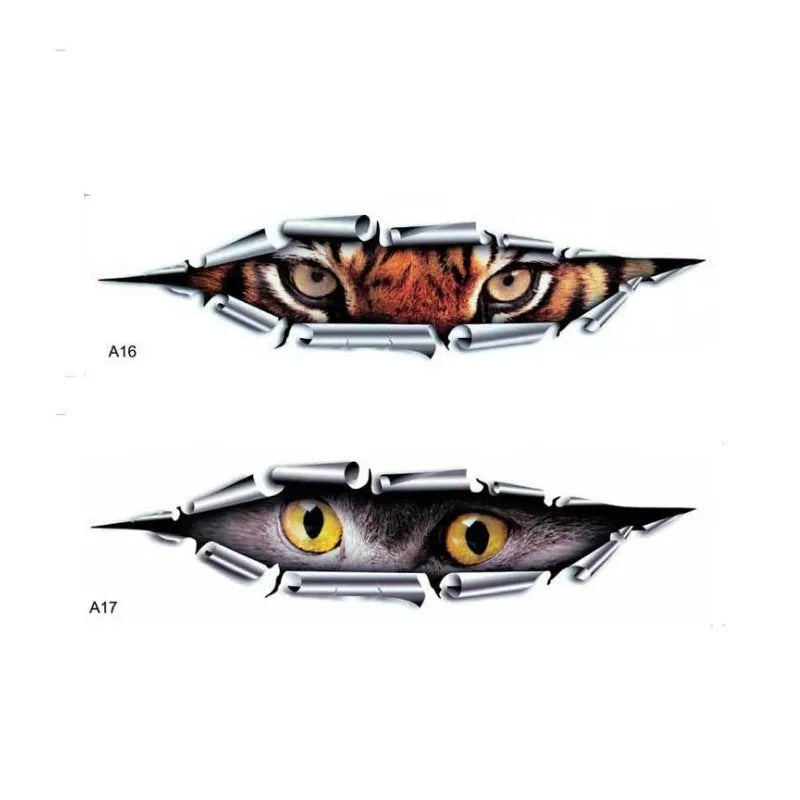 Close-up of a 3D transparent tiger eye car bumper sticker on a vehicle door.