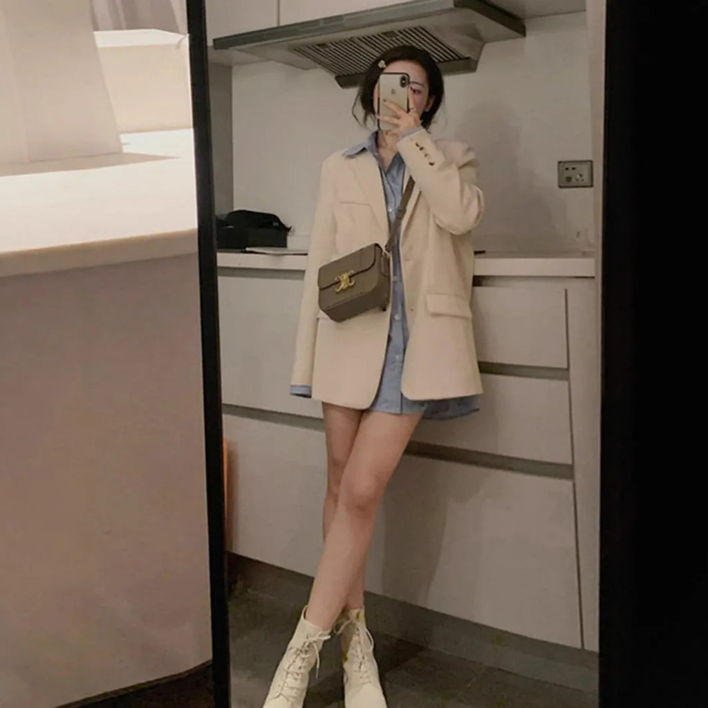 Korean-style street suit jacket in polyester with pockets and long sleeves for commuting wear