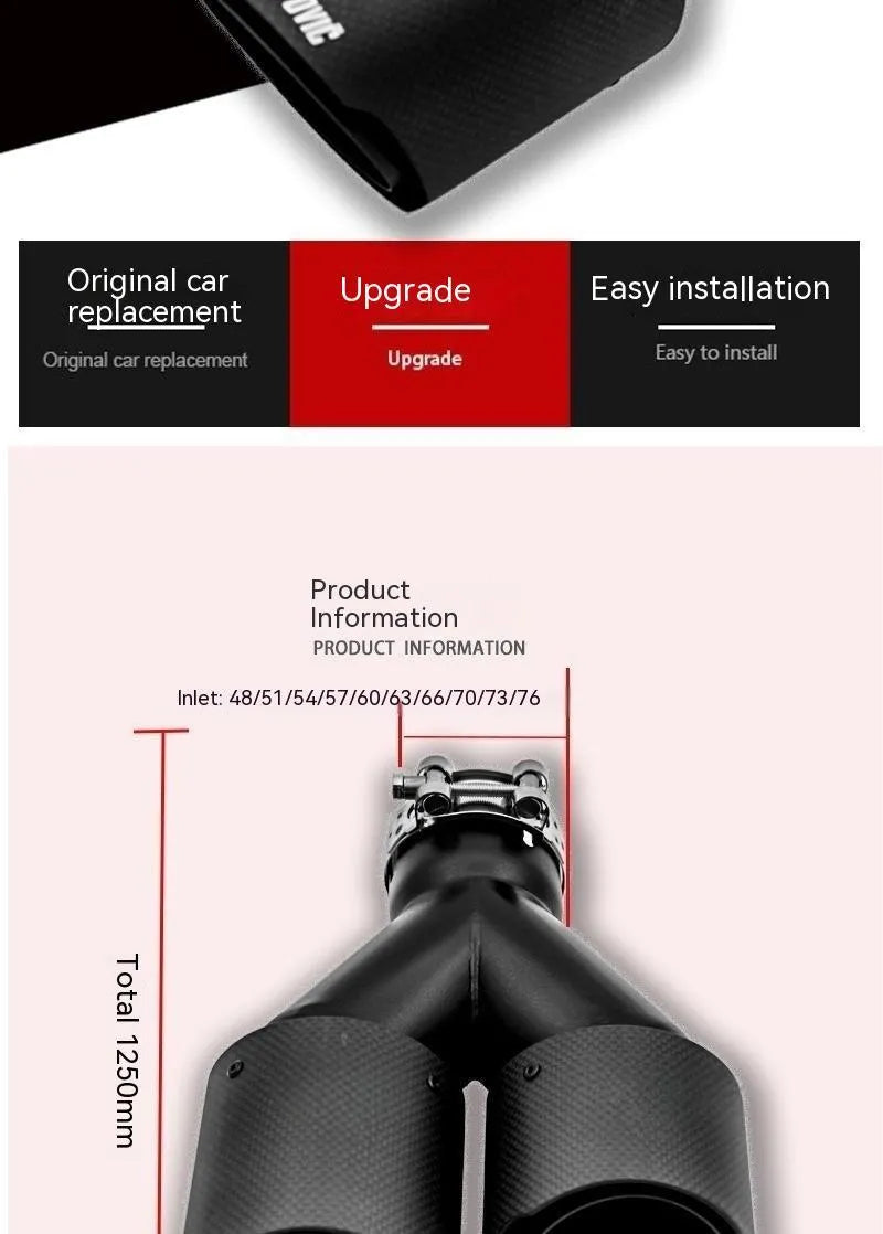 Black carbon fibre car exhaust pipe with double outlet tail nozzle, 250mm size