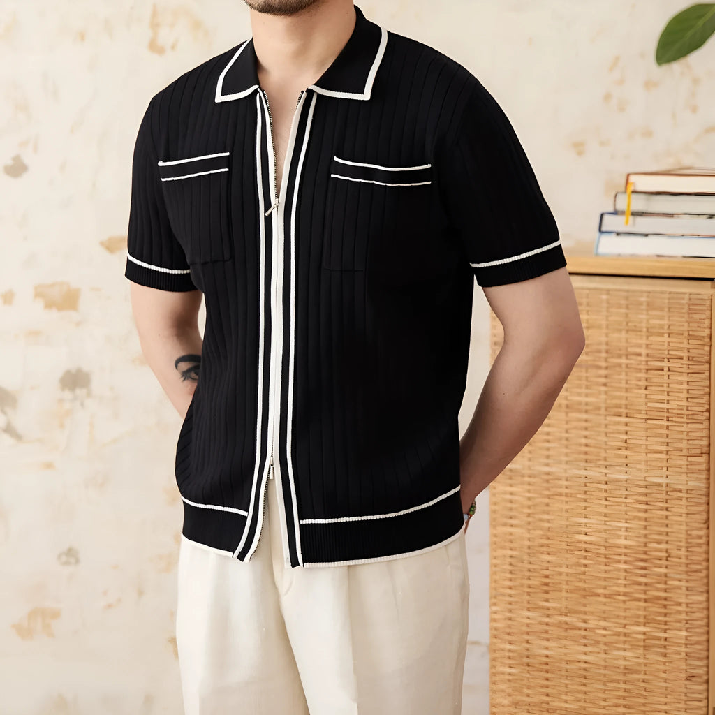 Slim-fit black lapel short-sleeved polo shirt on a hanger, showing collar detail.