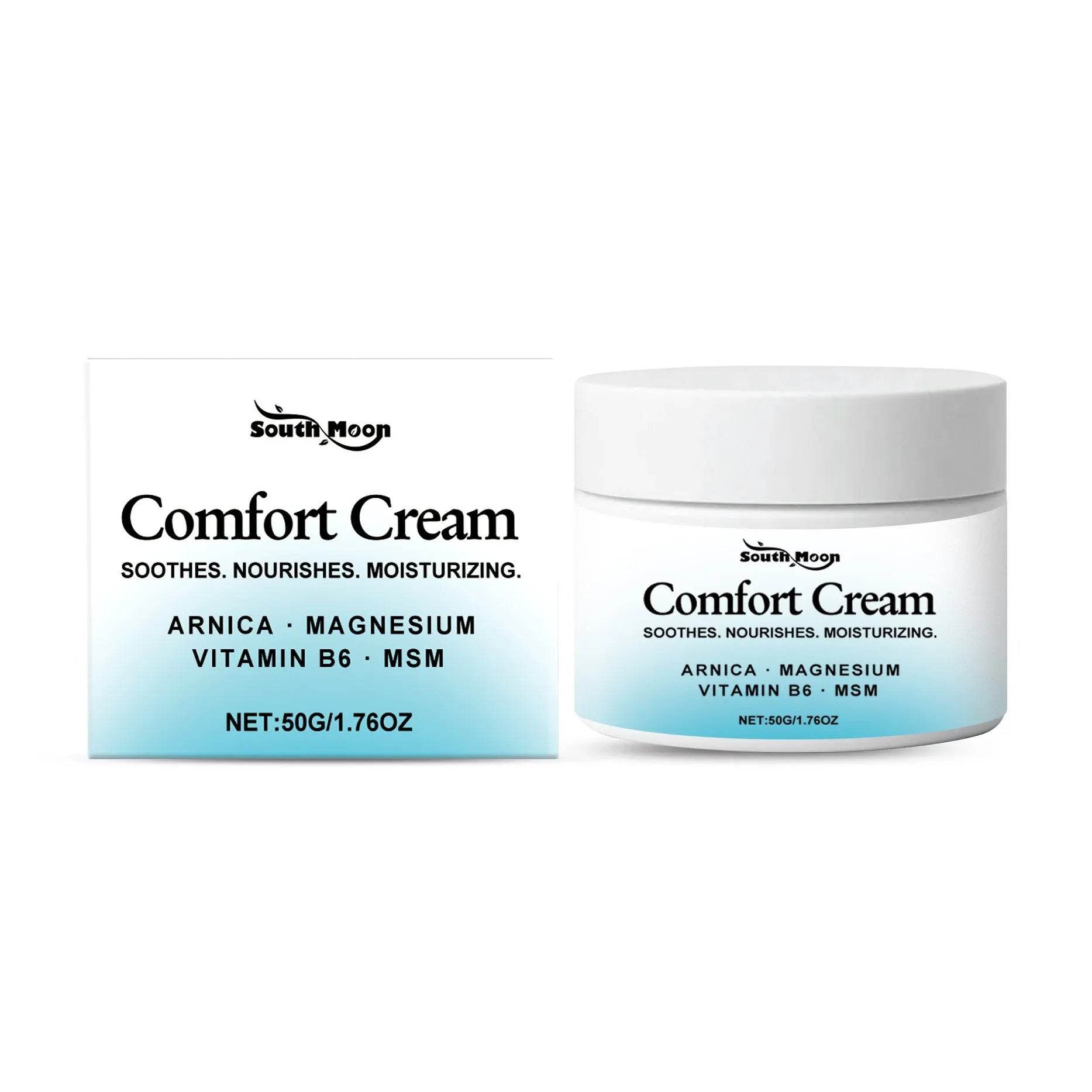 50g Comfortable Moisturising Cream jar with alum root extract and menthol, 5cm wide.