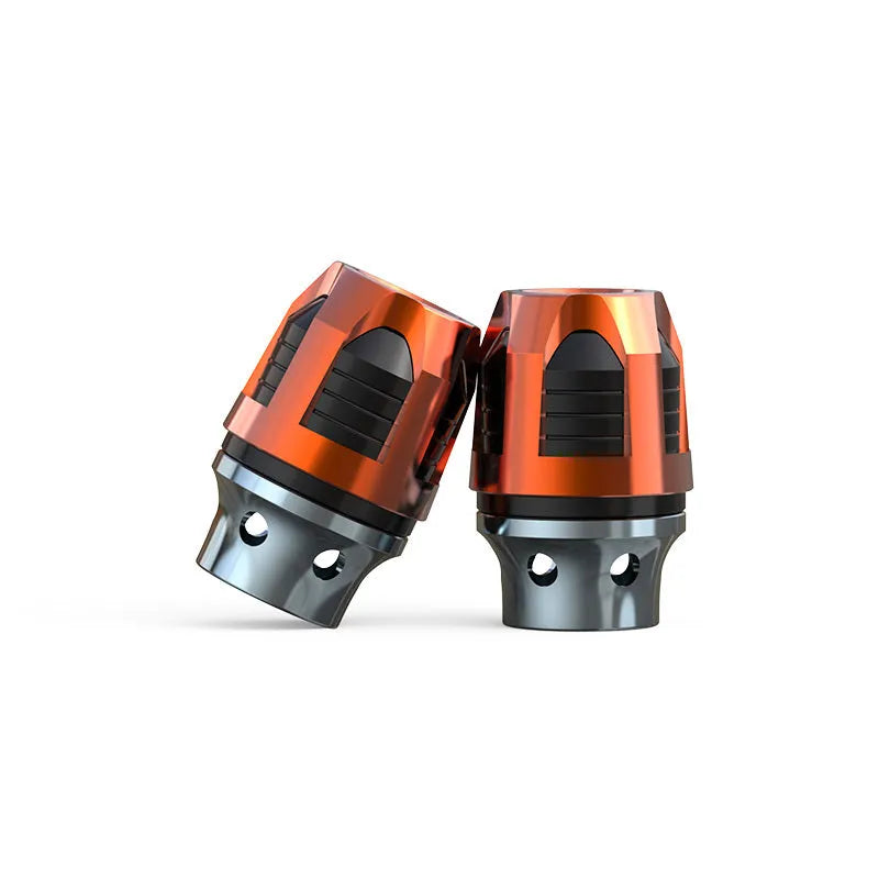 Pair of anodised aluminium alloy fork cups for electric car and motorcycle front axle.