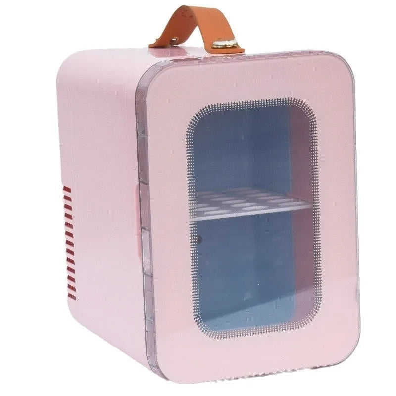 Pink mini refrigerator with transparent door showing 6L capacity for car and home cooling and heating