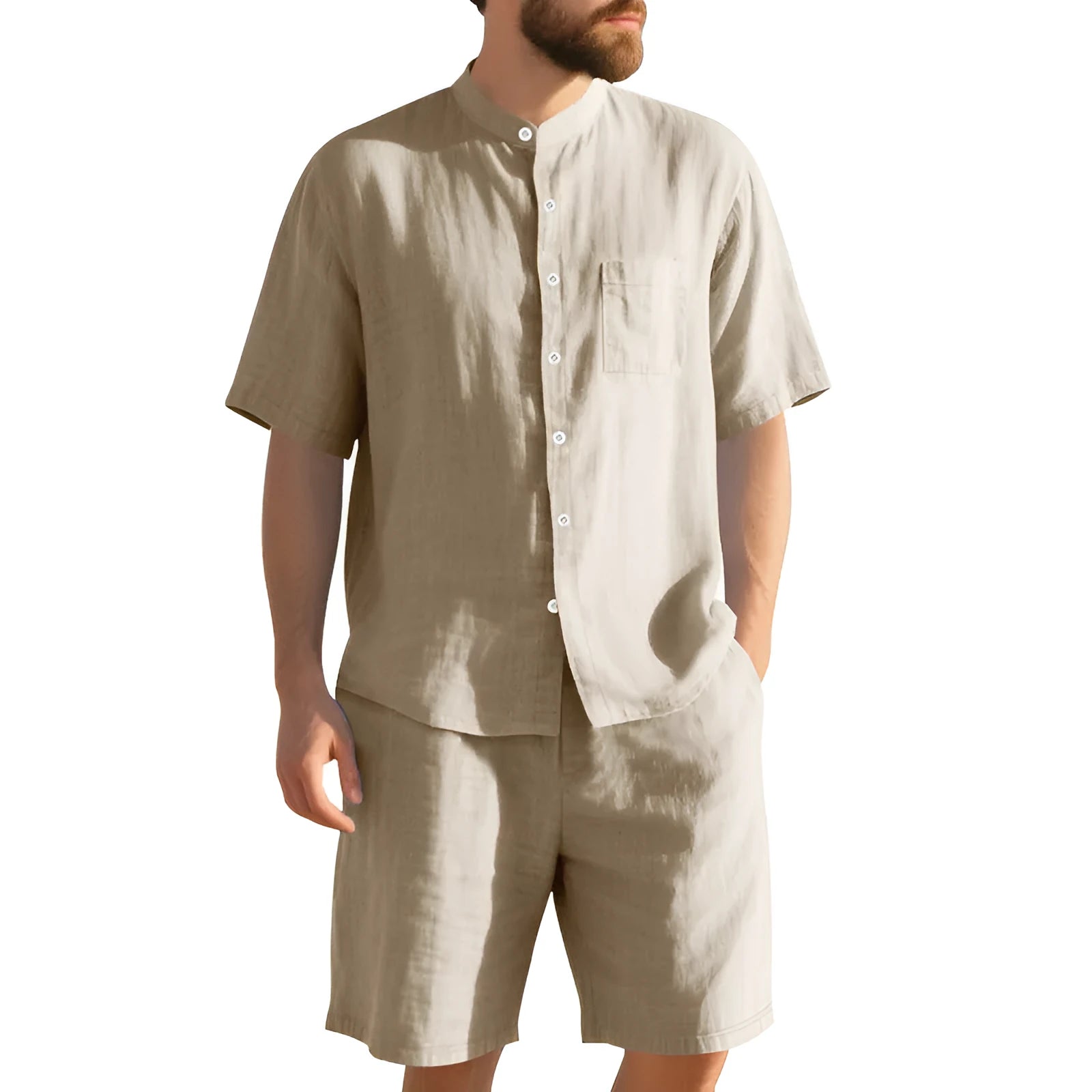 Men's light blue linen blend summer suit with short sleeve shirt jacket and matching shorts on a hanger.