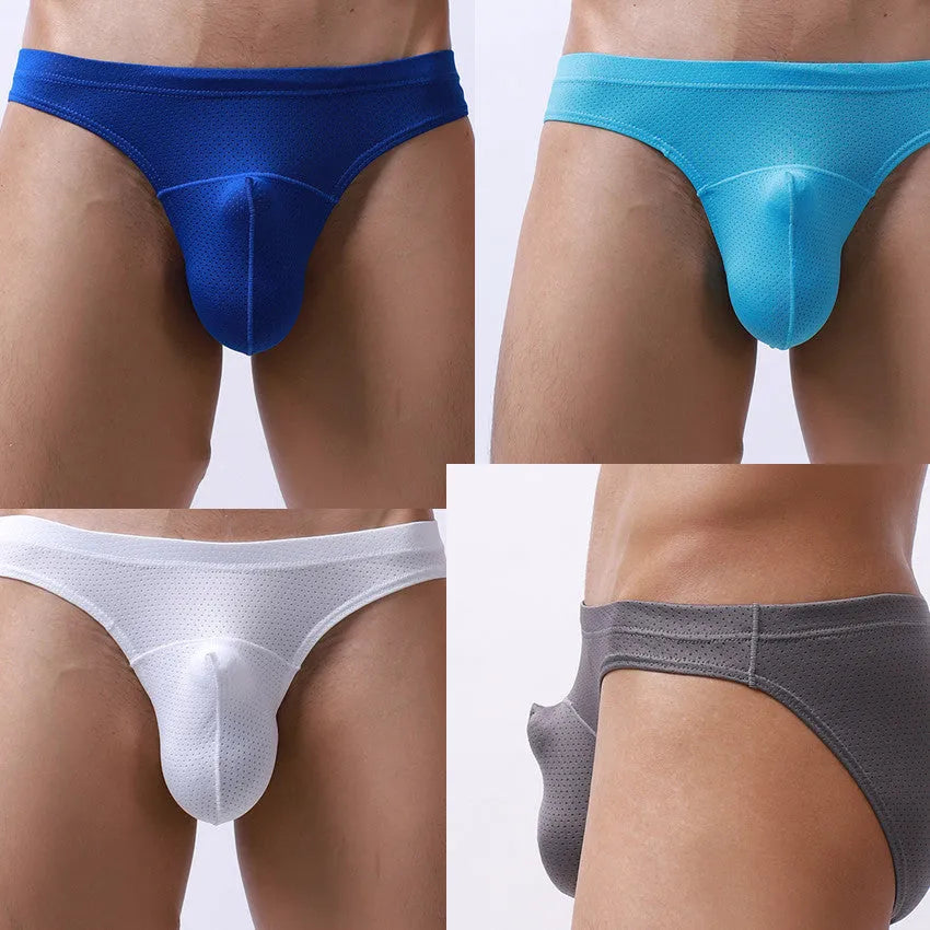 Men's transparent loose fit nylon mesh underwear in blue, shown flat.