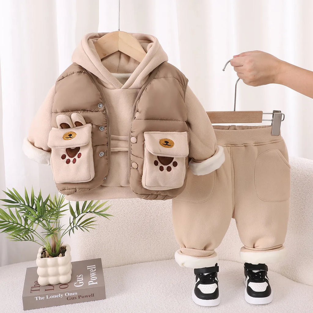 2025 new autumn winter boys cotton fleece-lined three-piece suit with hooded jacket trousers vest in beige khaki