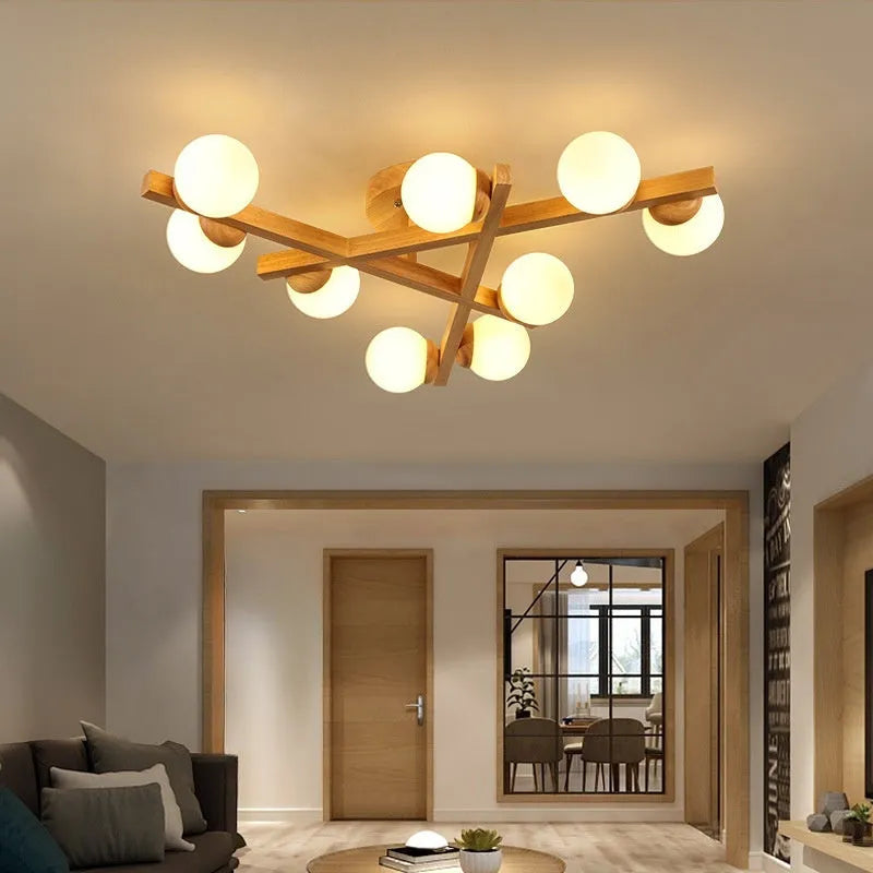 Nordic wooden style ceiling lamp with three light heads for living room modern design