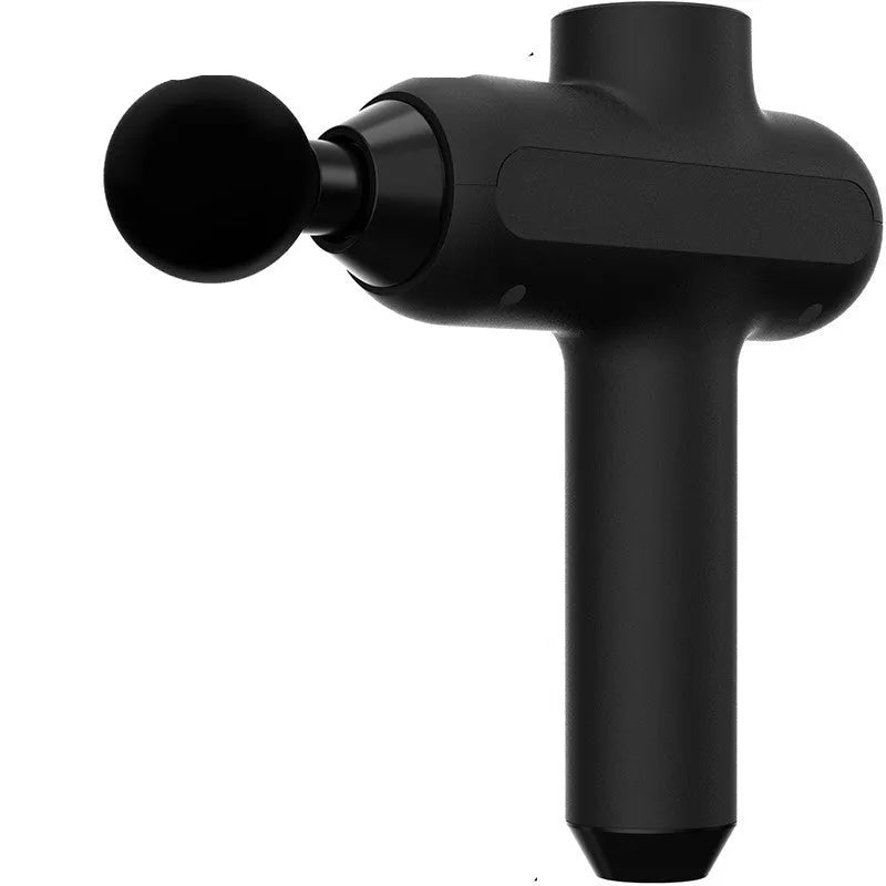 Black rechargeable muscle massager with six massage heads showing gear settings and dimensions