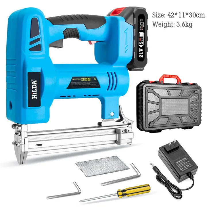 Blue wireless lithium battery pneumatic straight nail gun for decoration and carpentry with two batteries and one charger