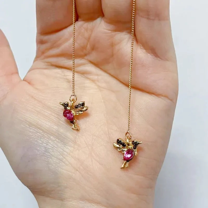 Bird hanging personalised long style earrings with zirconium wing details in blue, red, or red lvzuan colours