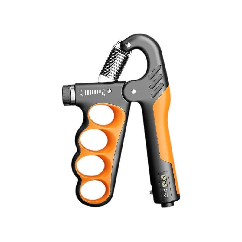 Adjustable electronic spring hand grip with digital counter display in orange colour