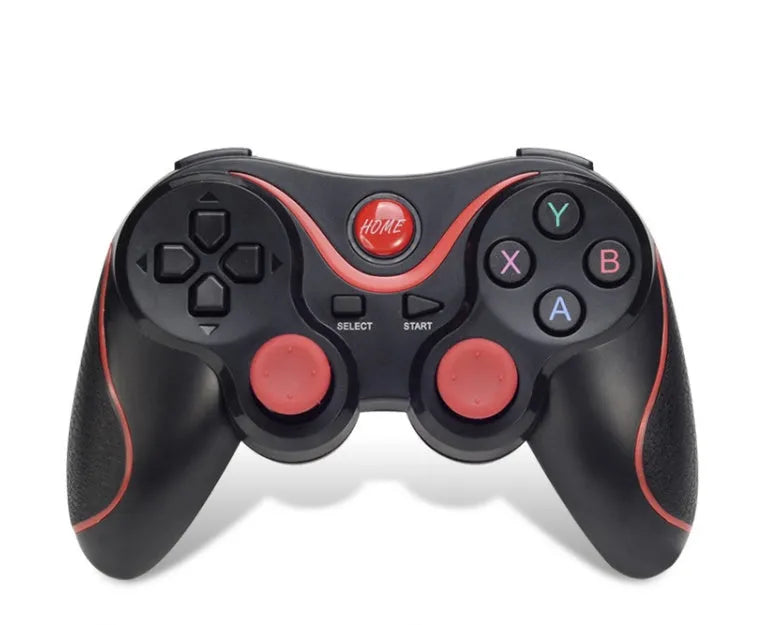 Black X3 wireless Bluetooth Android game controller with phone clip attached to smartphone