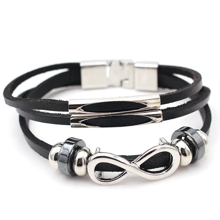 Men's cowhide leather bracelet with figure 8 infinity pendant and silver water wave chain in black or brown.