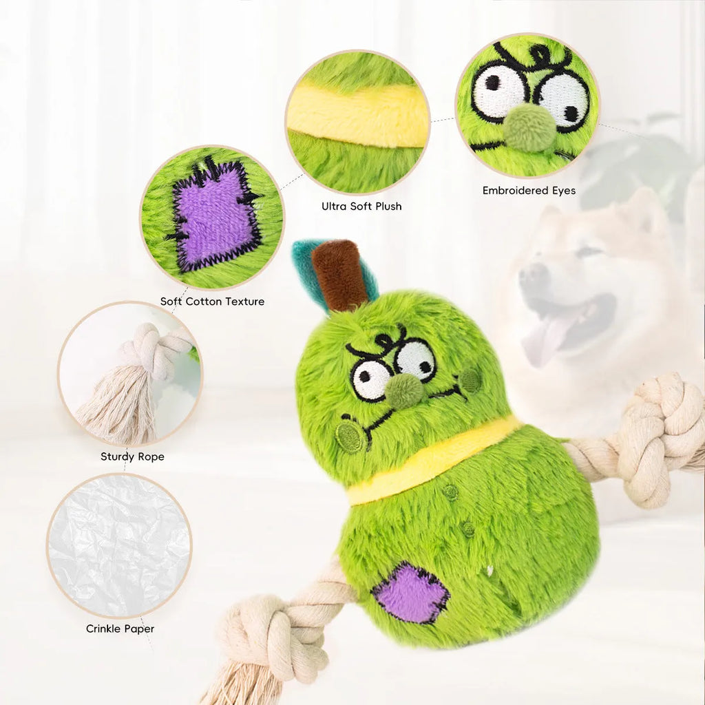 Green and purple interactive dog toy with plush rope knot for tug-of-war and dental cleaning features