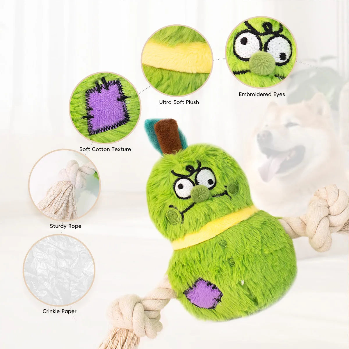 Green and purple interactive dog toy with plush rope knot for tug-of-war and dental cleaning features