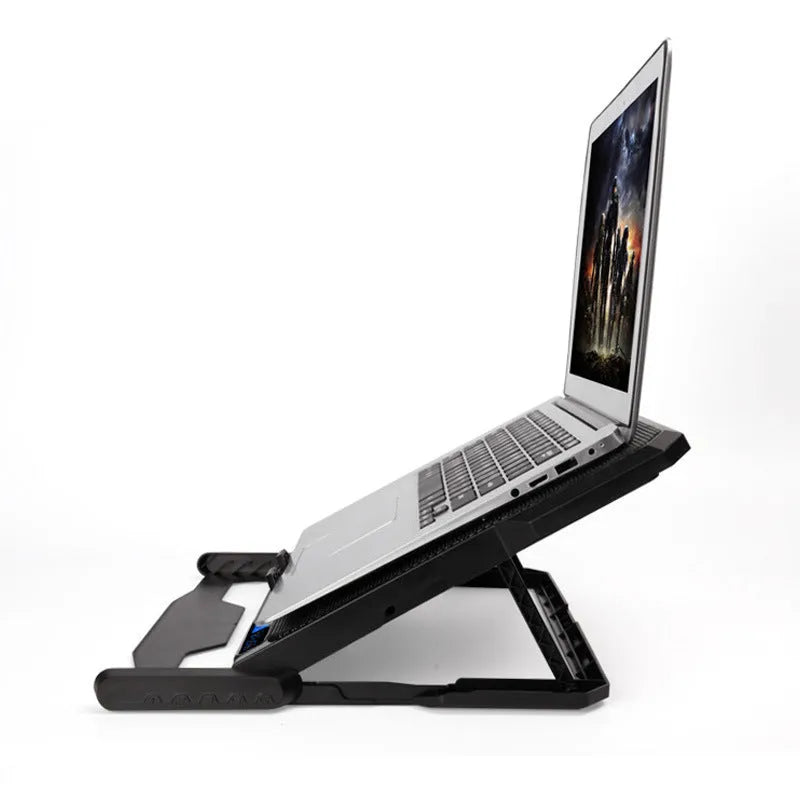 Black laptop cooling board with metal mesh surface and LCD speed control display