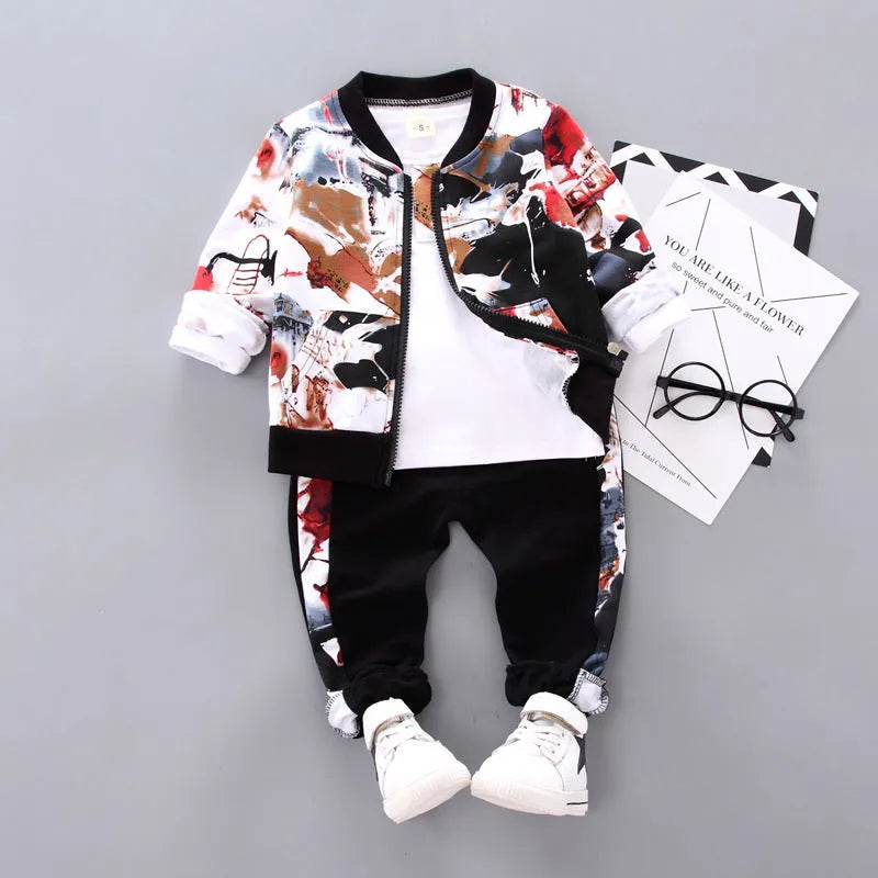 Boys black autumn winter three-piece Korean style suit with long sleeves and trousers