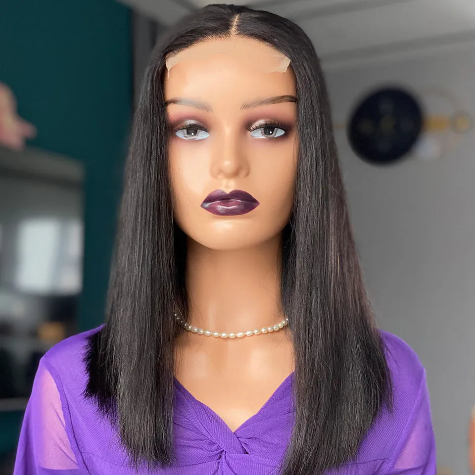 Double drawn bone straight human hair wig in black, 16 inch model length, made from Chinese human hair