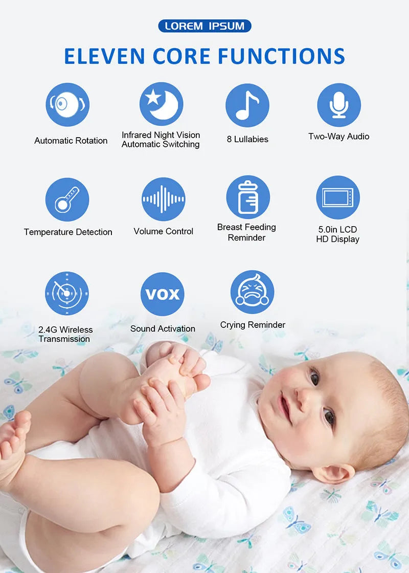 White HD wireless baby monitor with 5-inch screen showing room temperature display