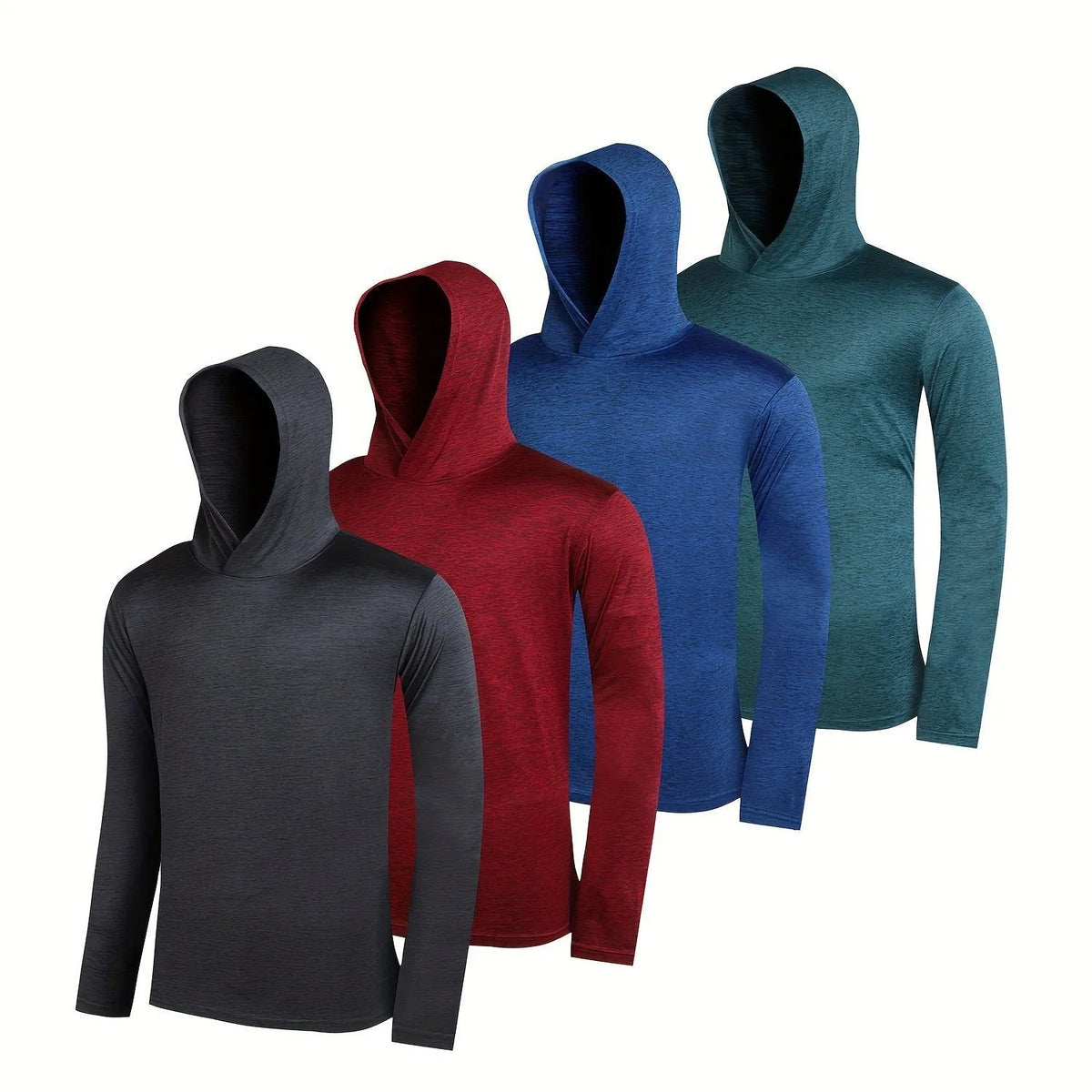 Four men's lightweight hoodies in elastic polyester fibre showing five colour options and size range S to XXXL