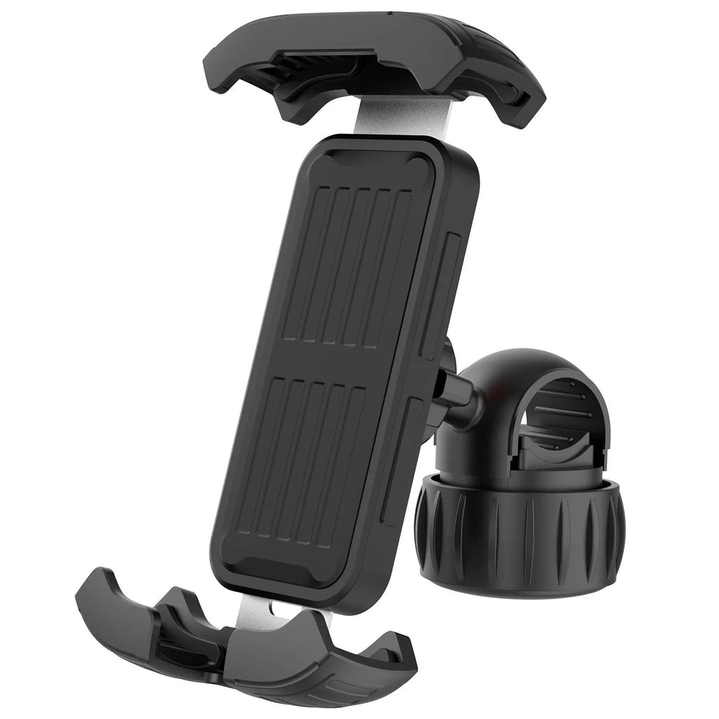 Black stainless steel and ABS phone navigation bracket for mountain bike and electric vehicle, 18.5 x 9.8 x 6.2cm.