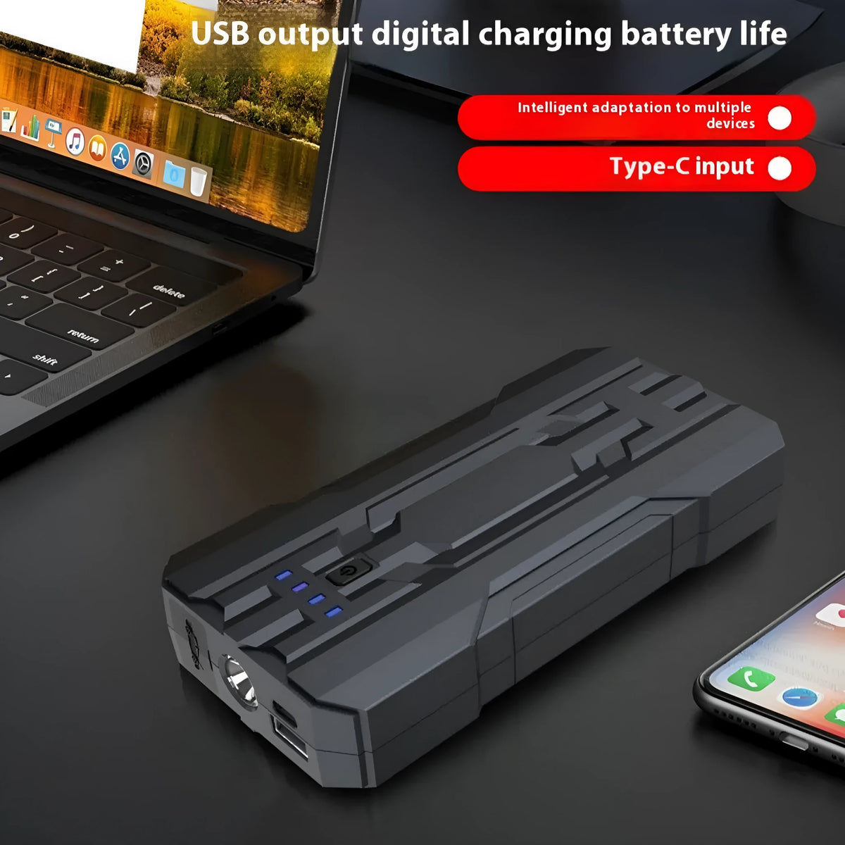 Portable 12V emergency jump starter 8000mAh 500A peak current 160x79x28mm with dual USB and LED light