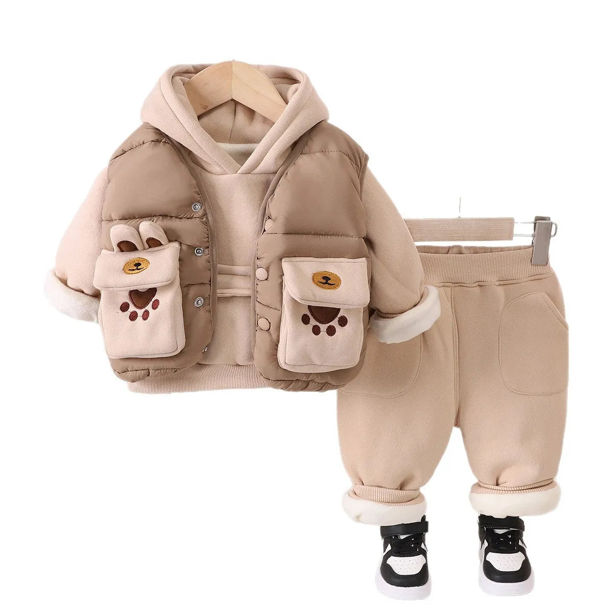 2025 new autumn winter boys cotton fleece-lined three-piece suit with hooded jacket trousers vest in beige khaki