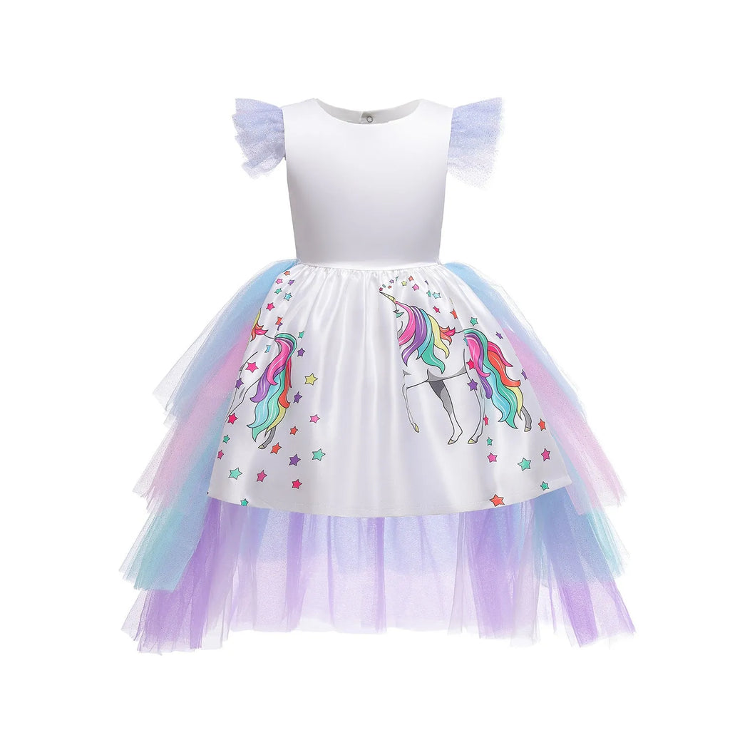 Girls princess dress short sleeve cake skirt white 100-150cm for 3-8 years